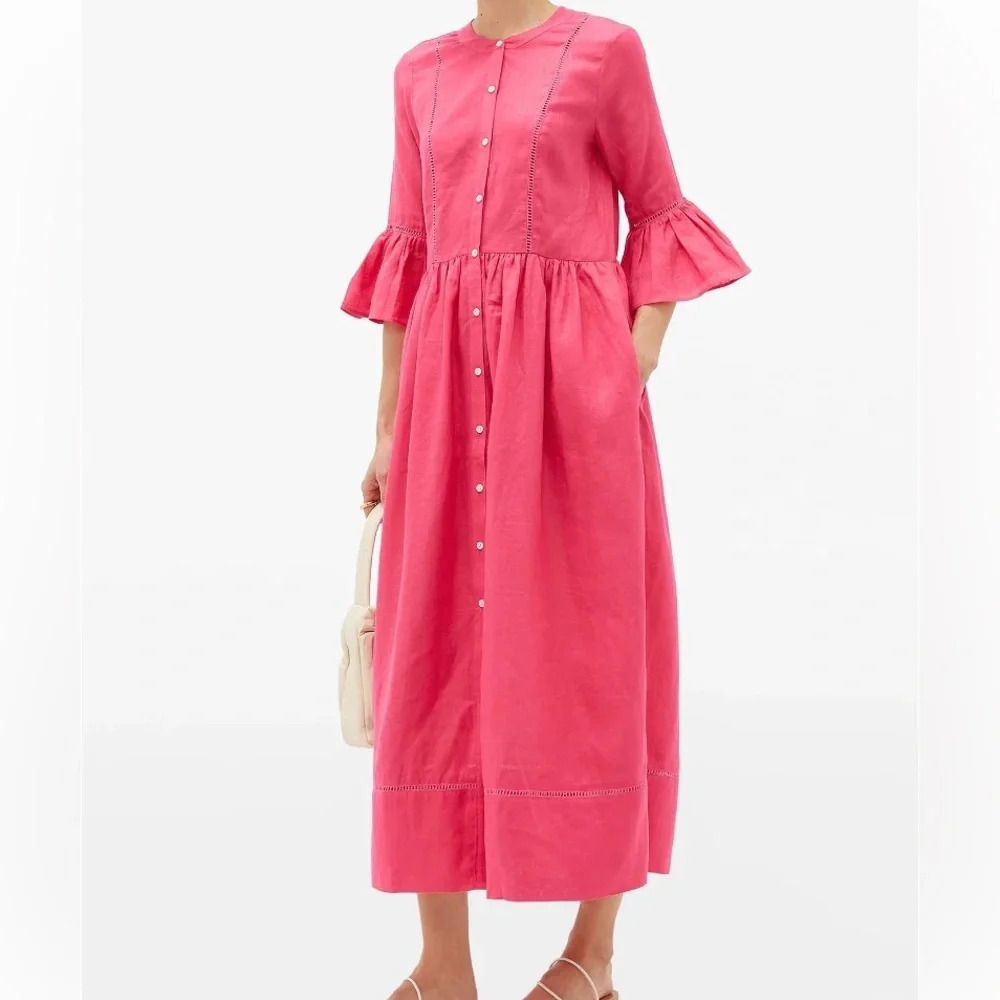 Solid & Striped ruffled cuff linen midi shirt dress fuchsia Barbie pink spring